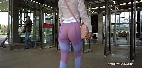  Transparent leggings and sheer shirt in public